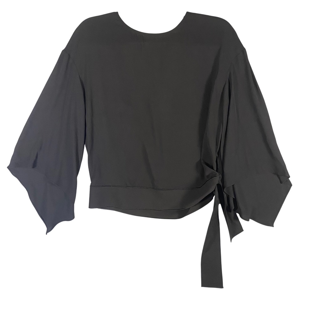 Worthington Womens Black Wide Bell Sleeve Side Tie Blouse NWT Small